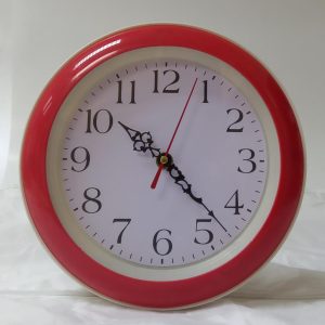 CLOCK ROUND RED/WHITE 23CM DIA