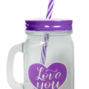 GLASS JAR W/HANDLE & STRAW PINK