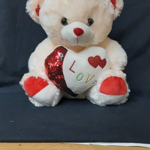 TEDDY W/SEQUIN HEART CREAM 40CM
