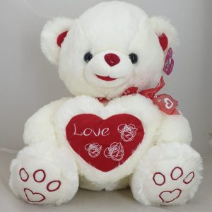 TEDDY WHITE W/RED HEART 38CM