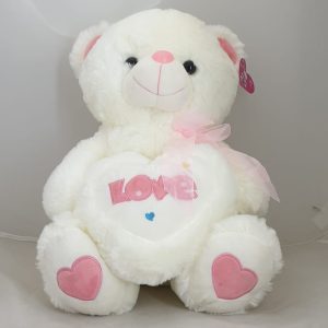 TEDDY WHITE W/PINK HEART 38CM