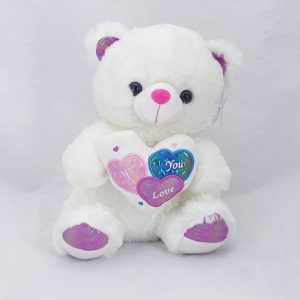 TEDDY WHITE W/PK/BL/PP HEARTS 30CM