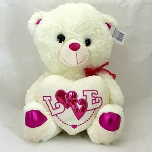 TEDDY WHITE W/PINK EMBROIDED HEART 40CM