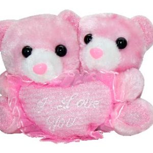 TWIN TEDDY WITH HEART PINK 12CM