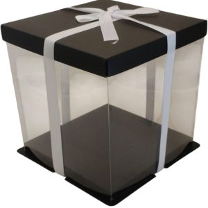 CAKE BOX WT W/PVC LID &RIBBON 22X22X22CM