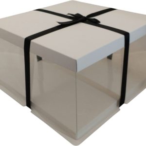 CAKE BOX WT W/PVC LID &RIBBON 30X30X18