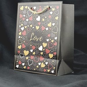 GIFTBAG BLACK W/M/COLOUR HEARTS 32X26X12