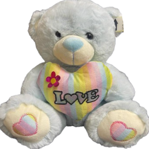 TEDDY BLUE W/COLOURFULL LOVE HEART 30CM