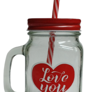 GLASS JAR W/HANDLE/LID & STRAW RED LOVE