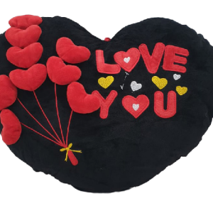 PILLOW HEART BLACK/RD W/LOVE HEART 52CM