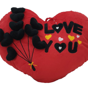 PILLOW HEART BLACK/RD W/LOVE HEART 52CM
