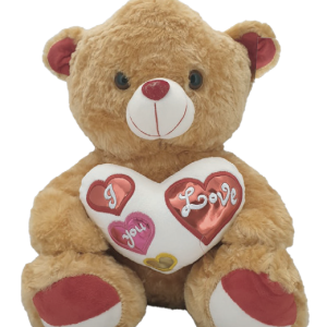 TEDDY BROWN W/3/WT HEARTS 30CM