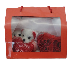 TWIN TEDDY W/SOAP ROSE BUDS IN WINDOW BA